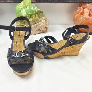 Guess Heel Sandles Cork Strap Black Leather